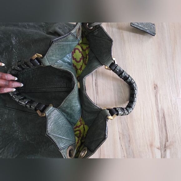 OrYANY Gwen Green Leather Hobo Double Top Handle Bag Goldtone 15x15 - Picture 9 of 13